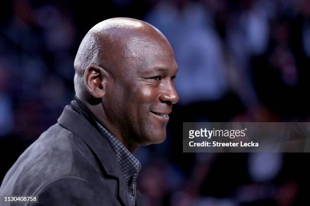 Michael Jordan, owner of the Charlotte Hornets, takes part in a ceremony honoring the 2020 NBA All-Star game during a break in play as Team LeBron...