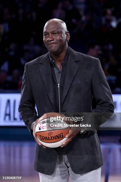 Michael Jordan, owner of the Charlotte Hornets, takes part in a ceremony honoring the 2020 NBA All-Star game during a break in play as Team LeBron...