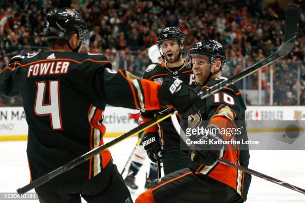 Cam Fowler of the Anaheim Ducks, Corey Perry of the Anaheim Ducks of the Anaheim Ducks and Adam Henrique of the Anaheim Ducks celebrate a goal...