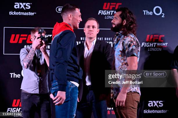 Darren Till of England and Jorge Masvidal face off during the UFC Fight Night Ultimate Media Day at Glaziers Hall on March 14, 2019 in London,...