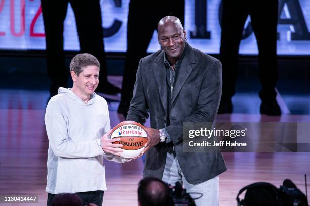 Chicago Bulls President/COO Michael Reinsdorf Jr. Accepts the ceremonial All-Star ball from Charlotte Hornets Chairman Michael Jordan at the 68th NBA...