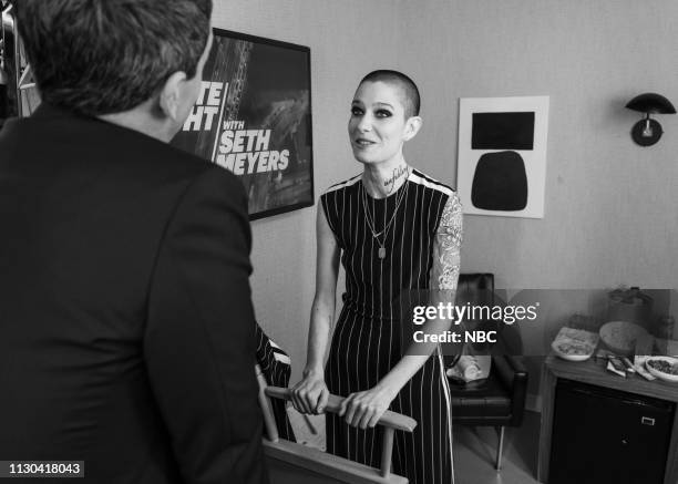 Episode 811 -- Pictured: Actress Asia Kate Dillon talks to host Seth Meyers backstage on March 13, 2019 --