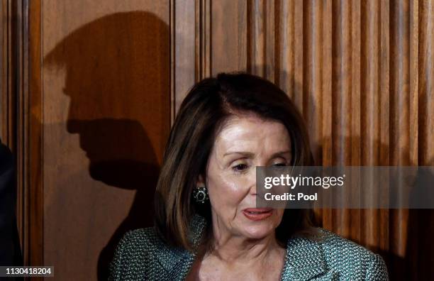 President Donald Trump's shadow is seen behind House Speaker Nancy Pelosi during the Friends of Ireland Luncheon in honor of Ireland Prime Minister...