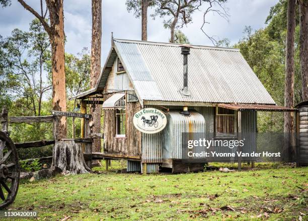 a replica australian bush hut built in queensland - hut stock pictures, royalty-free photos & images