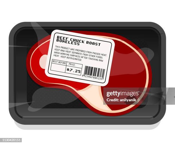 stockillustraties, clipart, cartoons en iconen met vlees verpakking - plateau keukengereedschap