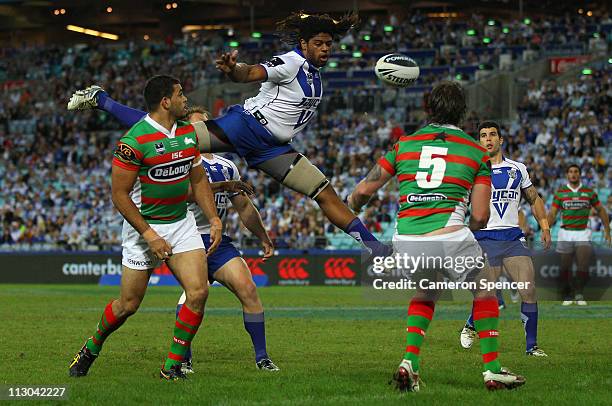 Jamal Idris of the Bulldogs jumps for a high ball during the round seven NRL match between the Canterbury Bulldogs and the South Sydney Rabbitohs at...