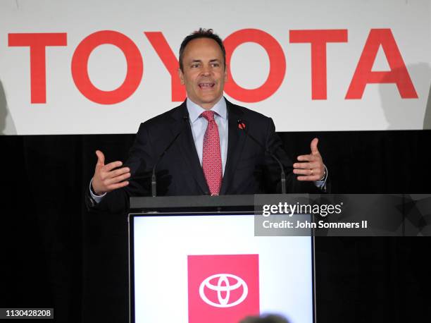 Kentucky Governor Matt Bevin addresses the crowd after they unveiled the new 2019 Toyota RAV4 Hybrid at the Toyota Motor Manufacturing plant on March...