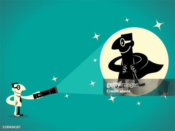 businessman with flashlight and superhero shadow - superman reveal stock illustrations