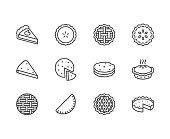 Pie flat line icons set. Ossetian, cherry, apple, pumpkin pies, casserole, pita vector illustrations. Thin signs for bakery. Pixel perfect 64x64. Editable Strokes