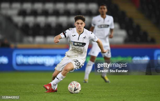 Swansea player Daniel James in action during the FA Cup Fifth Round match between Swansea and Brentford at Liberty Stadium on February 17, 2019 in...