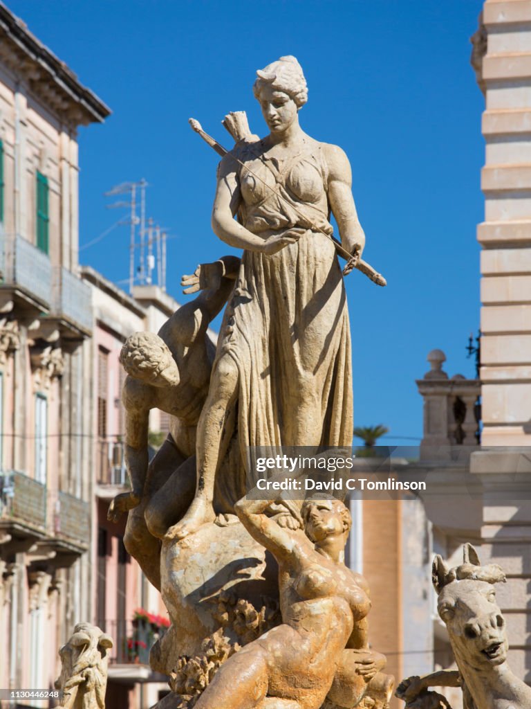 Detail of the Fountain of Artemis, Ortygia, Syracuse, Sicily, Italy