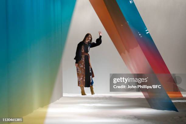 Designer Roksanda Ilincic walks the runway during the finale of the Roksanda show during London Fashion Week February 2019 at the Old Selfridges...