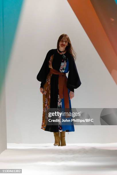 Designer Roksanda Ilincic walks the runway during the finale of the Roksanda show during London Fashion Week February 2019 at the Old Selfridges...