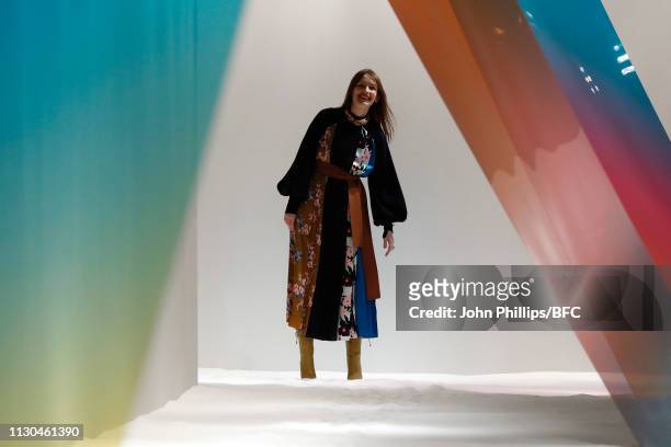 Designer Roksanda Ilincic walks the runway during the finale of the Roksanda show during London Fashion Week February 2019 at the Old Selfridges...