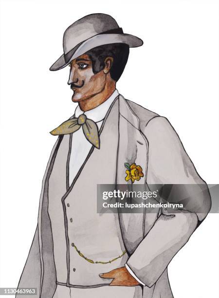 fashionable illustration modern art work my original watercolor painting in retro style portrait figure profile of a young man dandy in an elegant light suit and light gray felt hat - dandy stock illustrations