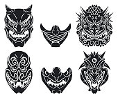Oni and kabuki traditional japanese masks with demon face. Vector cartoon set isolated on a white background.