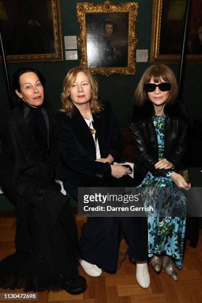 Amanda Harlech, Sarah Mower and Anna Wintour attend the Erdem show during London Fashion Week February 2019 at the National Portrait Gallery on...