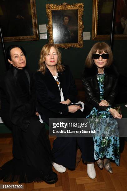Amanda Harlech, Sarah Mower and Anna Wintour attend the Erdem show during London Fashion Week February 2019 at the National Portrait Gallery on...