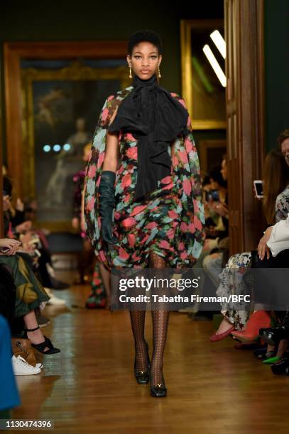 Model walks the runway at the Erdem show during London Fashion Week February 2019 at the National Portrait Gallery on February 18, 2019 in London,...