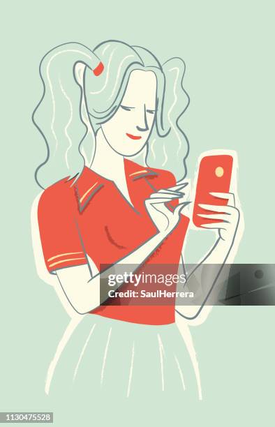 女孩打電話給手機 - dispositivo de información móvil 幅插畫檔、美工圖案、卡通及圖標