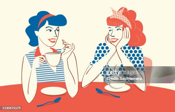 ilustraciones, imágenes clip art, dibujos animados e iconos de stock de tomando café y hablando - sólo mujeres