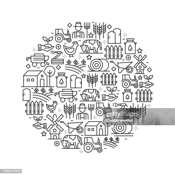 bauernhof und landwirtschaft konzept - black and white line symbole im kreis angeordnet - honey stock-grafiken, -clipart, -cartoons und -symbole