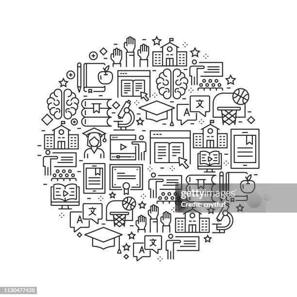 education concept - black and white line icons, arranged in circle - planning using tablet stock illustrations