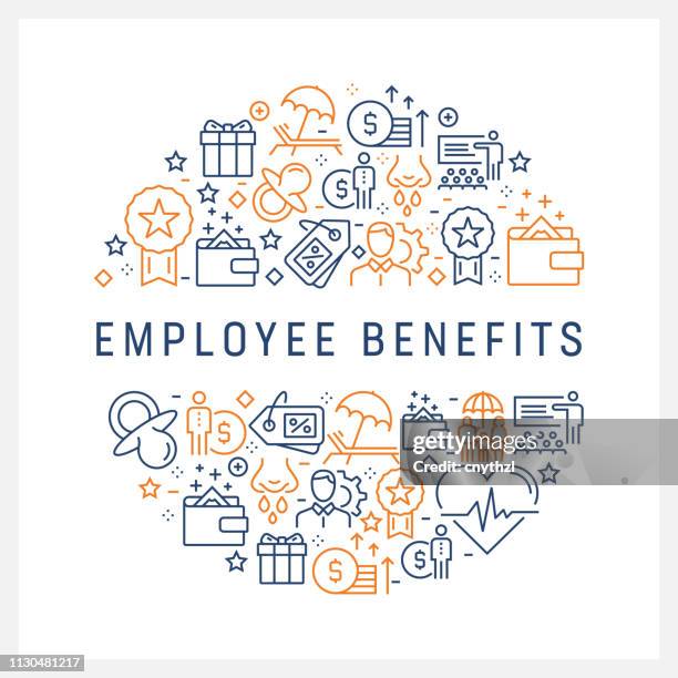 ilustraciones, imágenes clip art, dibujos animados e iconos de stock de empleado beneficios concepto - línea coloridos iconos, dispuestas en círculo - employee benefits