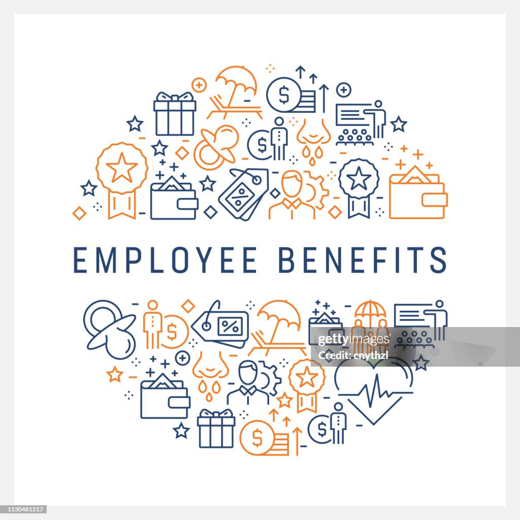 Conceito de empregado benefícios - ícones de linha colorida, dispostos em círculo