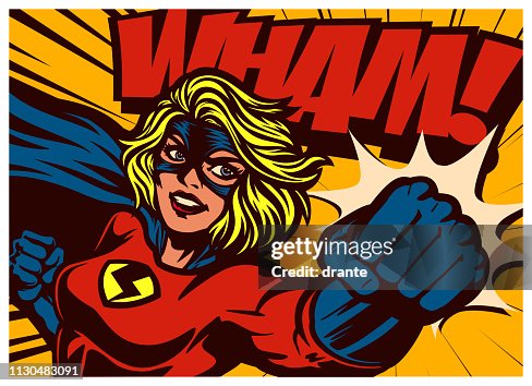 Pop art comic book style superheroine punching female superhero vector illustration Pop art comic book style superheroine punching female superhero vector illustration