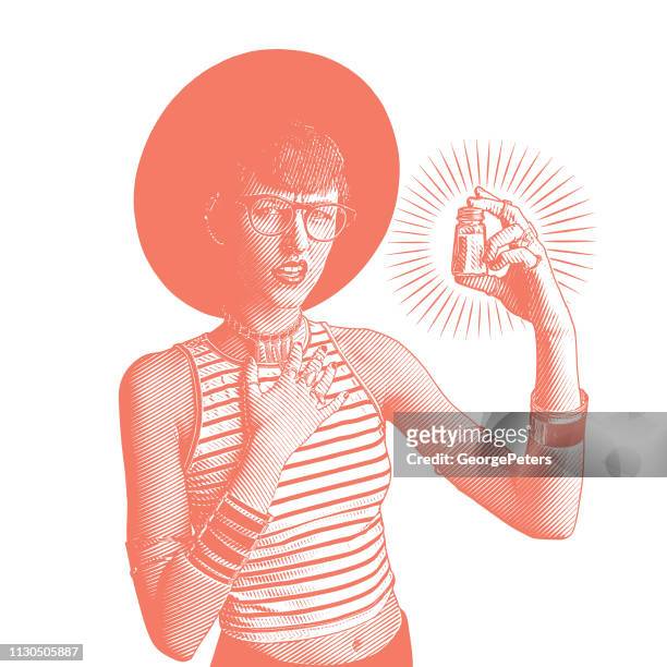 ilustrações de stock, clip art, desenhos animados e ícones de young hipster woman holding salt shaker with confused facial expression - salt shaker