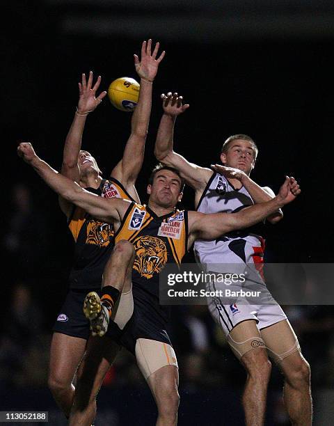 Lachie George and Shaun Atley of Werribee compete for the ball during the round four VFL match between Werribee and North Ballarat at Avalon Airport...