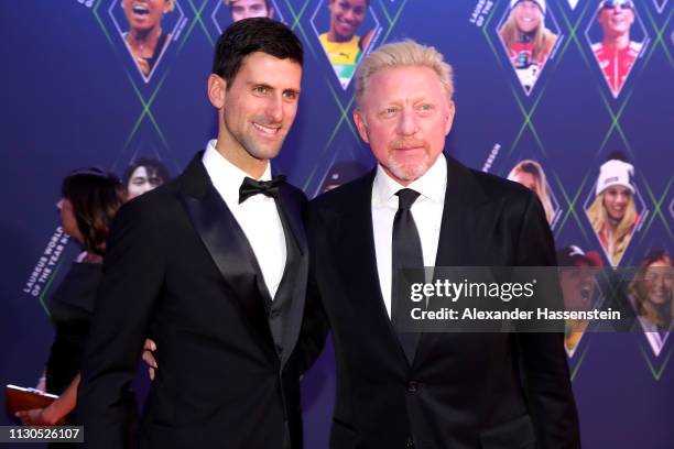 Laureus World Sportsman of The Year 2019 Nominee Novak Djokovic and Laureus Academy Member Boris Becker pose together during the 2019 Laureus World...