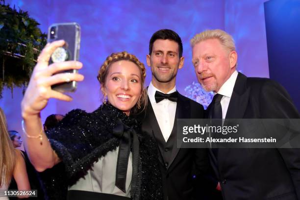Jelena Djokovic takes a selfie with Laureus World Sportsman of The Year 2019 Nominee Novak Djokovic and Laureus Academy Member Boris Becker during...