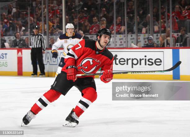 Kenny Agostino of the New Jersey Devils skates against the Buffalo Sabres at the Prudential Center on February 17, 2019 in Newark, New Jersey. The...