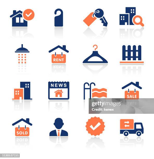 immobilien zwei farbige icons set - ausverkauft stock-grafiken, -clipart, -cartoons und -symbole
