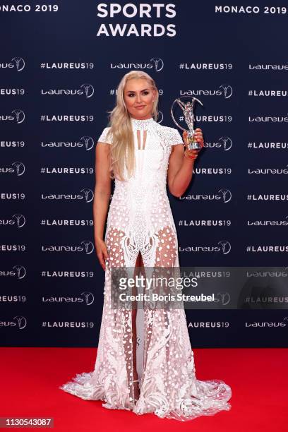Lindsey Vonn, winner of the Laureus Spirit of Sport Award 2019 with her trophy during the 2019 Laureus World Sports Awards on February 18, 2019 in...
