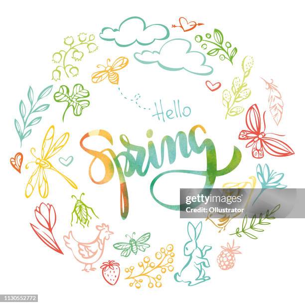 illustrazioni stock, clip art, cartoni animati e icone di tendenza di iscrizione acquerello "hello spring" - lillà