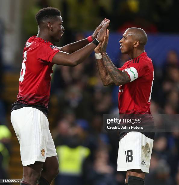 Paul Pogba of Manchester United celebrates scoring their second goal during the FA Cup Fifth Round match between Chelsea and Manchester United at...