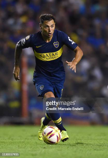 Mauro Zarate of Boca Juniors drives the ball during a match between Boca Juniors and Lanus as part of Superliga 2018/19 at Estadio Alberto J. Armando...