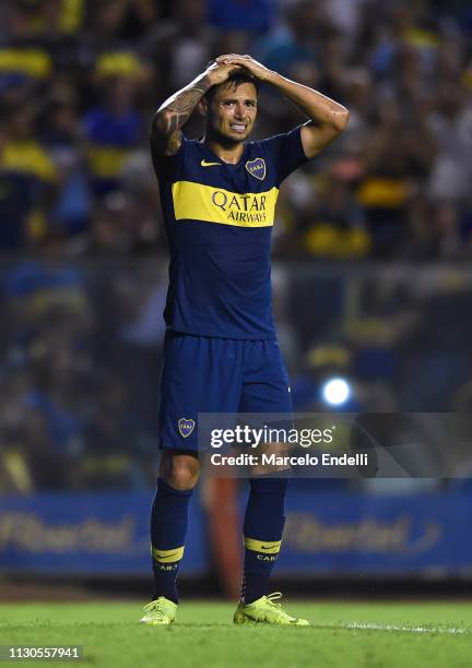 Mauro Zarate of Boca Juniors reacts during a match between Boca Juniors and Lanus as part of Superliga 2018/19 at Estadio Alberto J. Armando on...