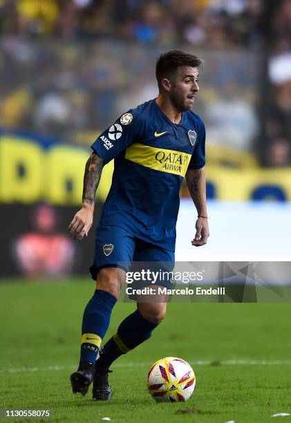 Julio Buffarini of Boca Juniors drives the ball during a match between Boca Juniors and Lanus as part of Superliga 2018/19 at Estadio Alberto J....