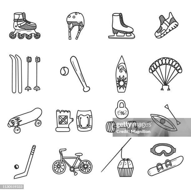 aktives sport-doodles-set - chute ski stock-grafiken, -clipart, -cartoons und -symbole