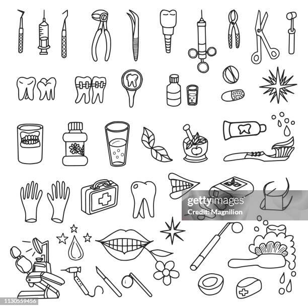 dentistry doodles set - cartoon floss stock illustrations