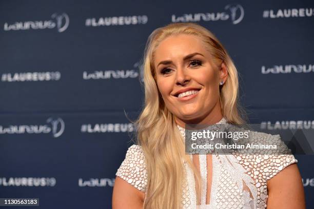 Lindsey Vonn, winner of the Laureus Spirit of Sport Award 2019 speaks at the Winners Press Conference during the 2019 Laureus World Sports Awards on...