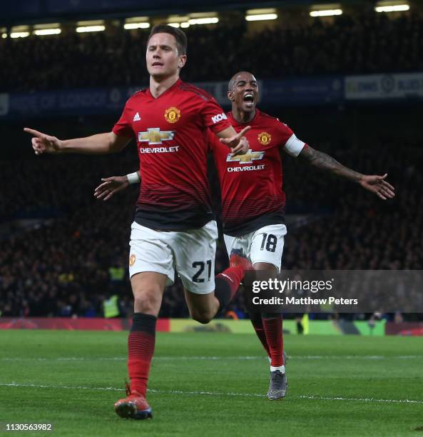 Ander Herrera of Manchester United celebrates scoring their first goal during the FA Cup Fifth Round match between Chelsea and Manchester United at...