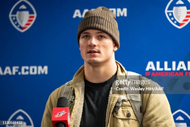 Christian Hackenberg of the Memphis Express talks to reporters at a press conference after a game against the Arizona Hotshots at the Liberty Bowl...