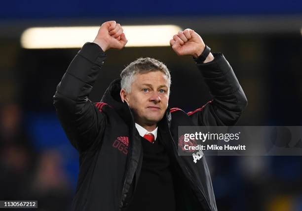 Ole Gunnar Solskjaer, Interim Manager of Manchester United celebrates victory after the FA Cup Fifth Round match between Chelsea and Manchester...