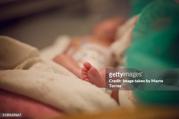 premature newborn foot while laying down - born stockfoto's en -beelden