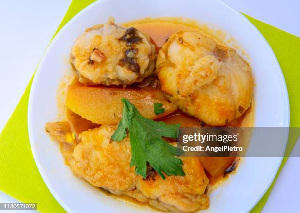 mediterranean food: monkfish with potatoes - especia stock pictures, royalty-free photos & images